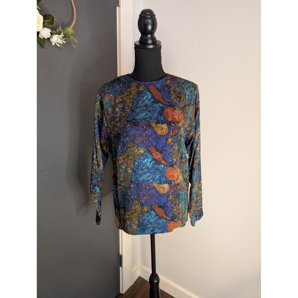 Vintage Zeeva 100% Silk Multicolor Abstract Long Sleeve Blouse - P (S)‎